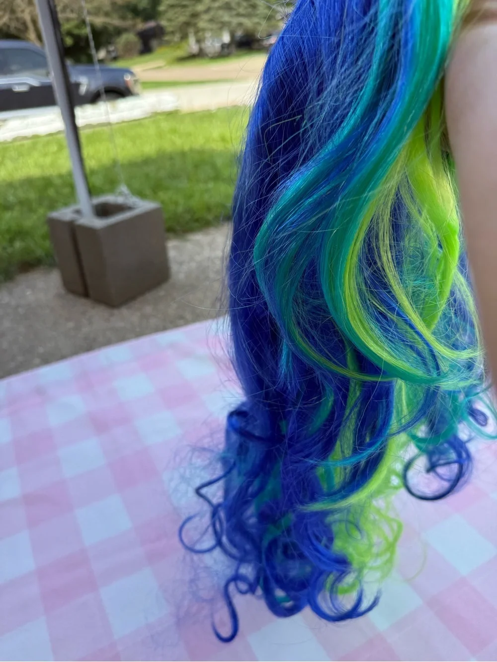Vibrant Blue & Lime Green Curly mermaid hair wig (new in bag)